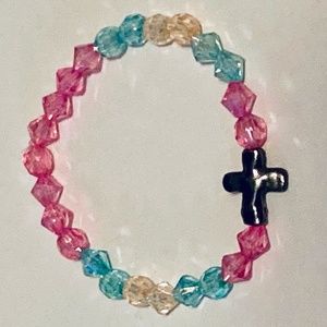 Handmade Pink and Blue Bicone and Round Bead Bracelet W/ Metallic Metal Cross